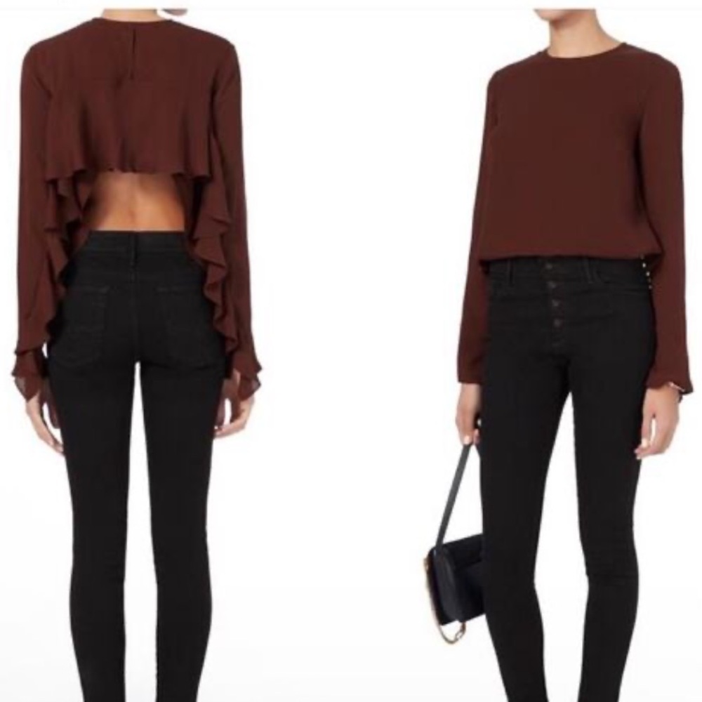 A.L.C Sally Open Back Ruffle Sleeve Silk Crepe Top Bordeaux Blouse Size 8